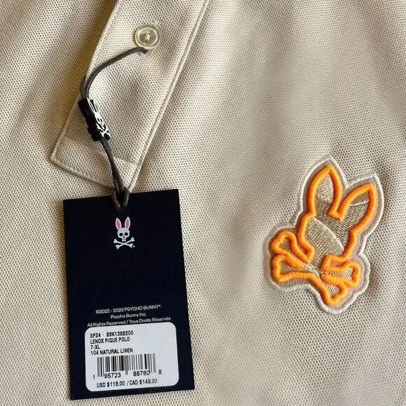 Psycho Bunny NWT Lenox Pique Short Sleeve Polo Shirt - Beige Tipped - 7/XL - Picture 4 of 6
